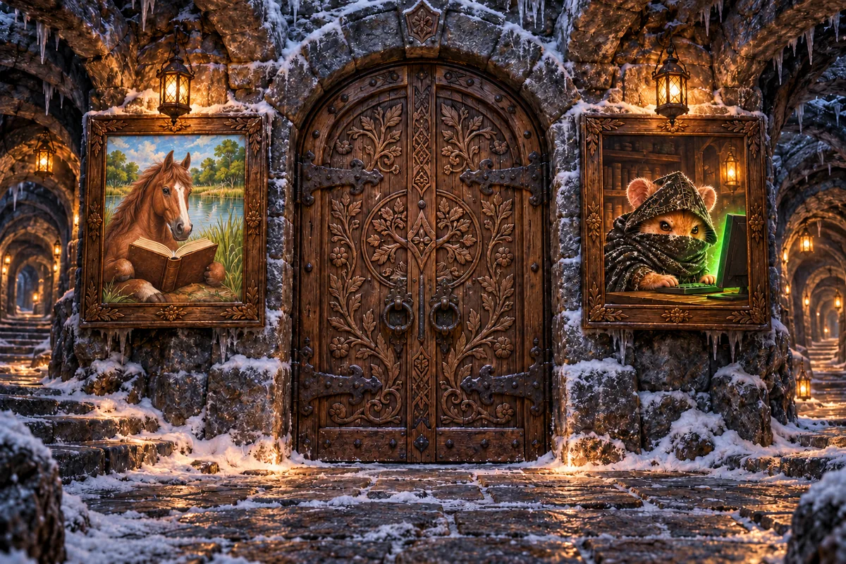 An ornate underground door flanked by drawings of a horse reading and a hamster at a computer