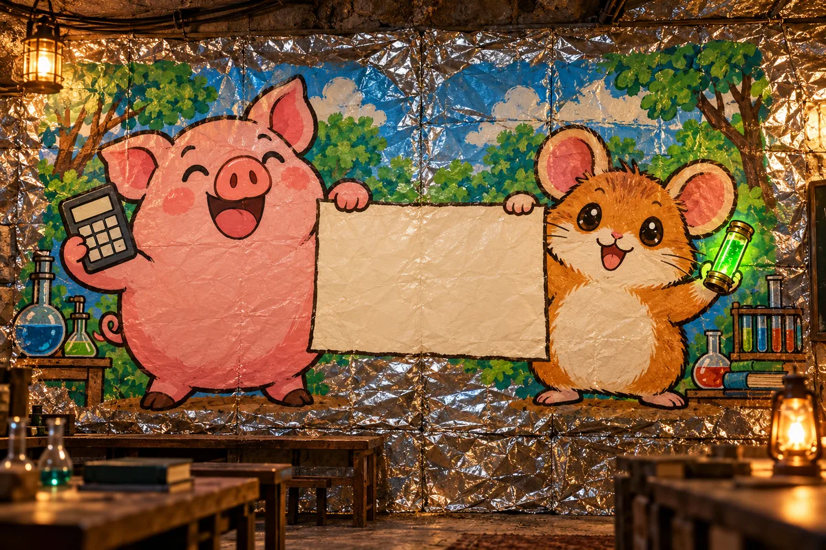 A cartoon pig holding a calculator and a hamster holding a green vial, painted on a foil-lined classroom wall