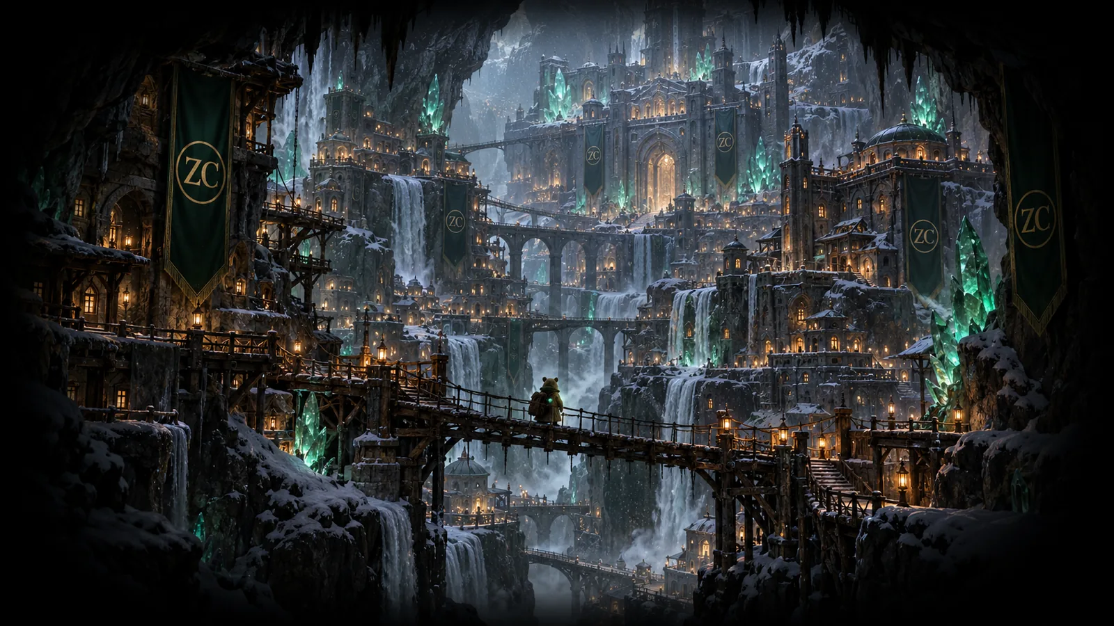 A hidden underground city of tunnels and bridges hung with green ZC banners